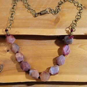 Chunky Pink Druzy Agate Gemstone Necklace w Antique Gold Tone Chain Hand Knotted